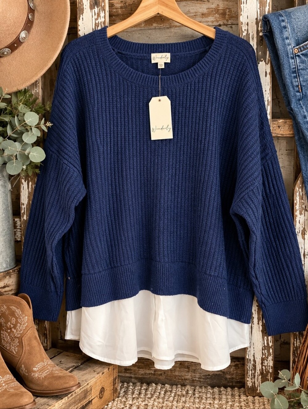 Wonderly NWT XXL Navy Blue Layered Look Oversized Sweater Top White Hem